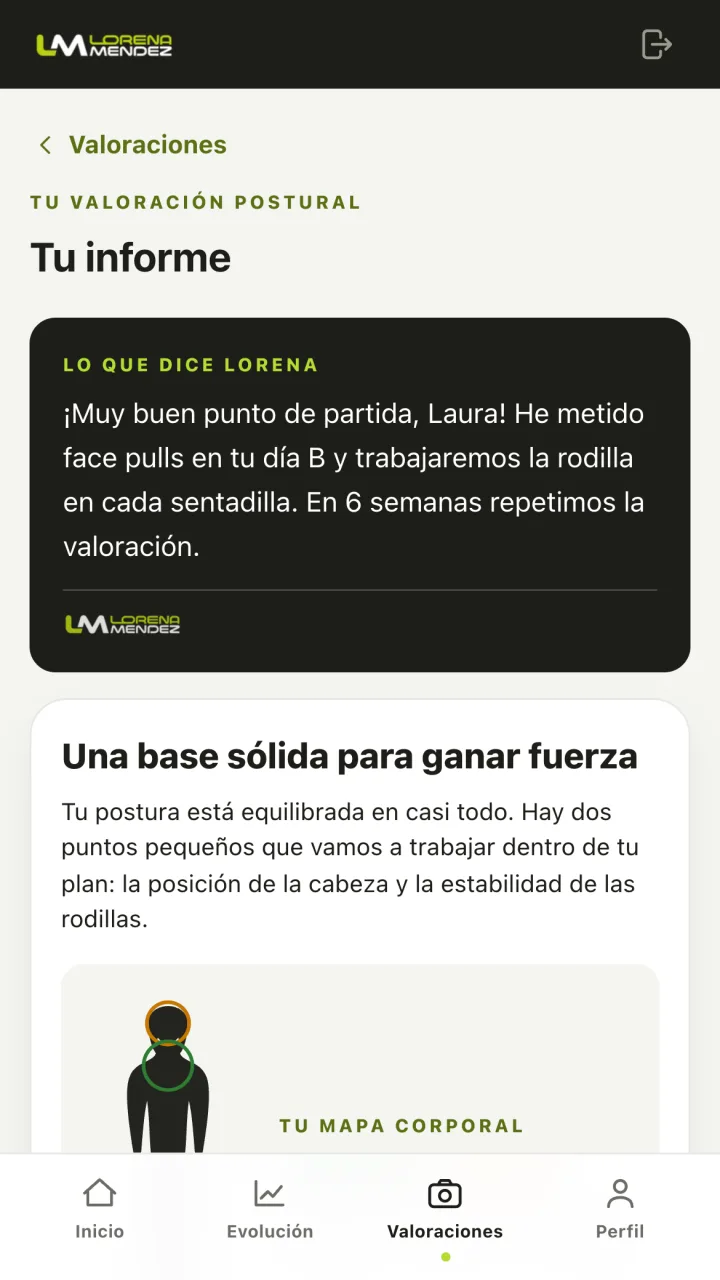 Postural assessment report with feedback from Lorena